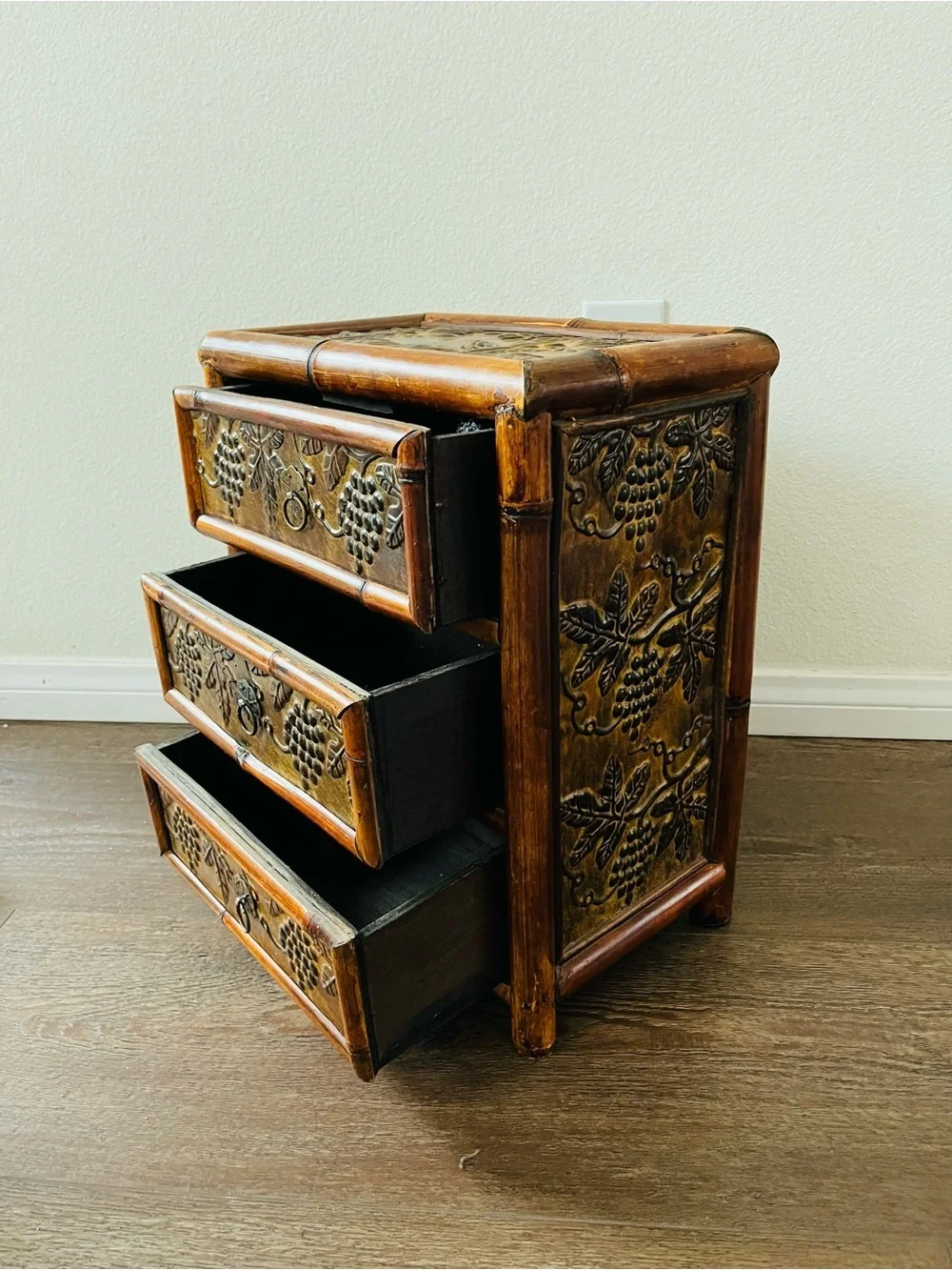 Bamboo Accent 3-Drawer Side Table in Warm Brown